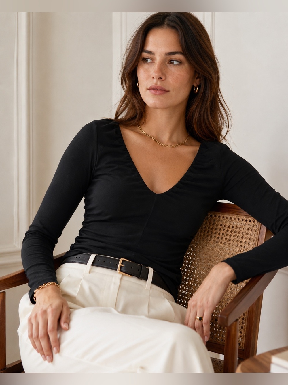J Crew Womens Top Sz Medium Black Stretch Cotton Ruched V-neck Minimalist Shirt